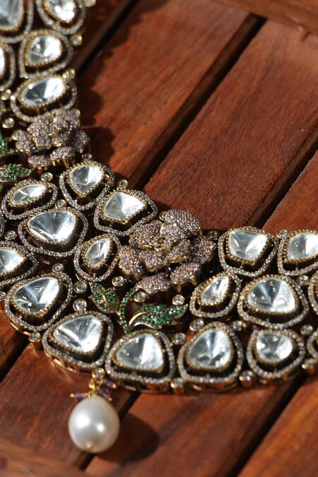 Amaara Jewels_Gold Plated Stones, Zari, Pearls Floral Bloom Carved Zircon Studded Necklace Set_Online_at_Aza_Fashions