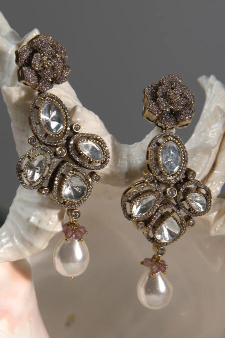 Buy_Amaara Jewels_Gold Plated Stones, Zari, Pearls Floral Bloom Carved Zircon Studded Necklace Set_Online_at_Aza_Fashions