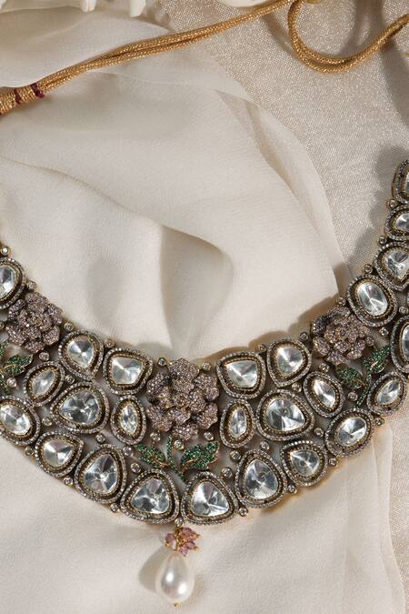 Shop_Amaara Jewels_Gold Plated Stones, Zari, Pearls Floral Bloom Carved Zircon Studded Necklace Set_Online_at_Aza_Fashions
