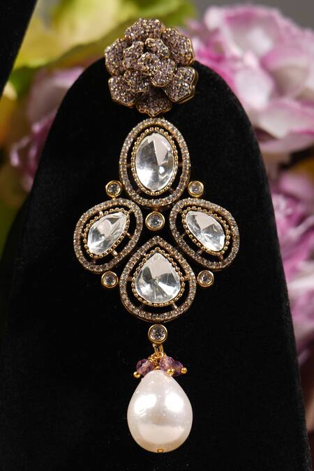 Amaara Jewels_Gold Plated Stones, Zari, Pearls Floral Bloom Carved Zircon Studded Necklace Set_at_Aza_Fashions