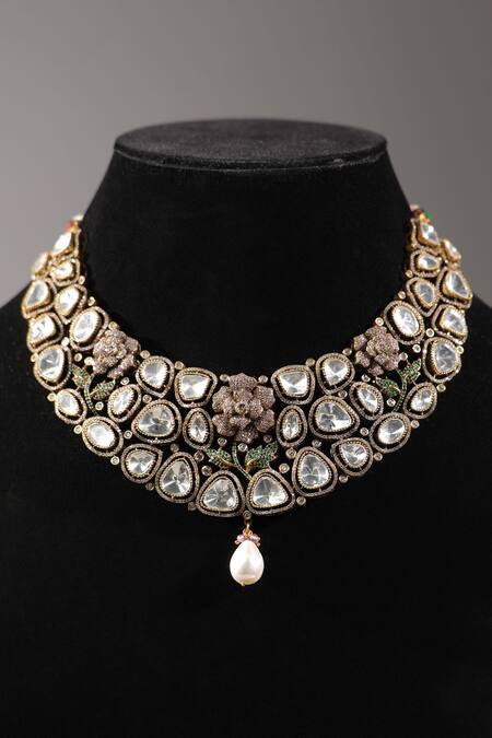 Shop_Amaara Jewels_Gold Plated Stones, Zari, Pearls Floral Bloom Carved Zircon Studded Necklace Set