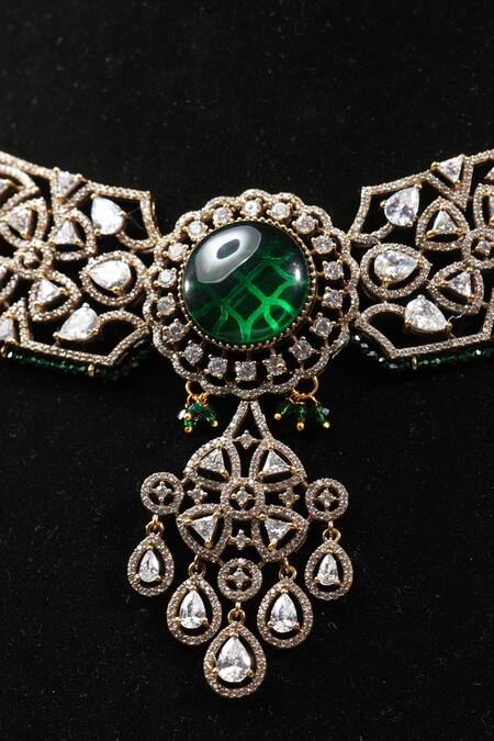 Shop_Amaara Jewels_Gold Plated Zari, Stones Florin Zircon And Embellished Necklace Set_Online_at_Aza_Fashions