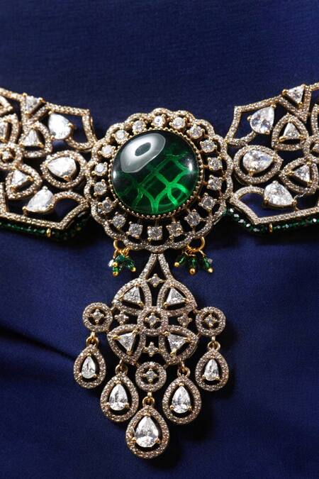 Buy_Amaara Jewels_Gold Plated Zari, Stones Florin Zircon And Embellished Necklace Set