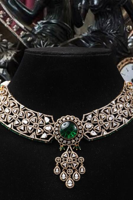 Shop_Amaara Jewels_Gold Plated Zari, Stones Florin Zircon And Embellished Necklace Set