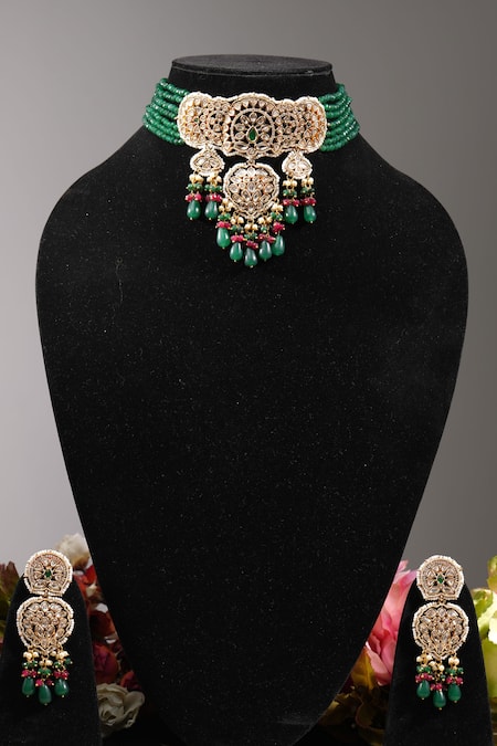 Shop_Amaara Jewels_Green Beads, Diamonds Chand Bloom Embellished Choker Set _Online_at_Aza_Fashions