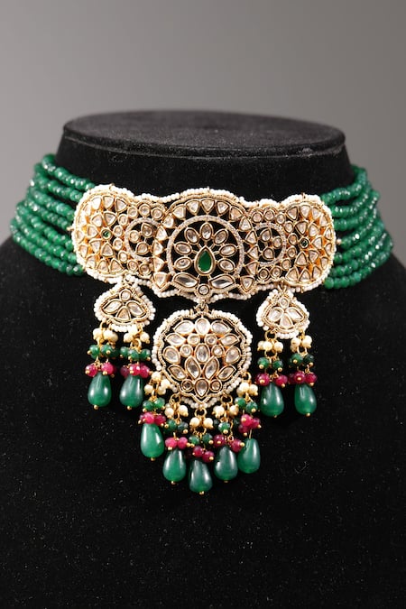 Amaara Jewels_Green Beads, Diamonds Chand Bloom Embellished Choker Set _at_Aza_Fashions
