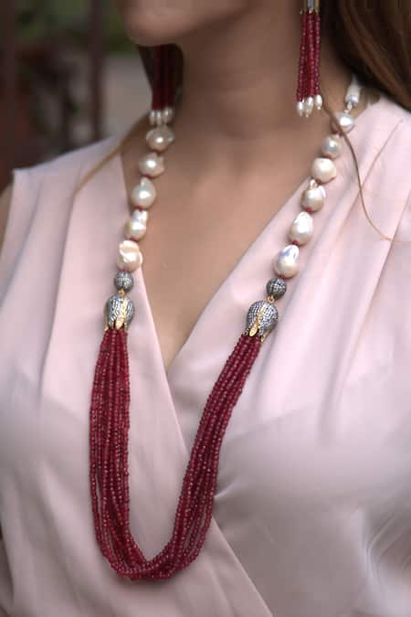 Amaara Jewels Mother Of Pearl & Ruby Stone Embellished Long Necklace Set 