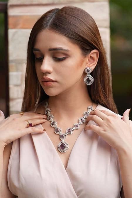 Amaara Jewels Silver Plated Stone Zircon Embellished Necklace Set 