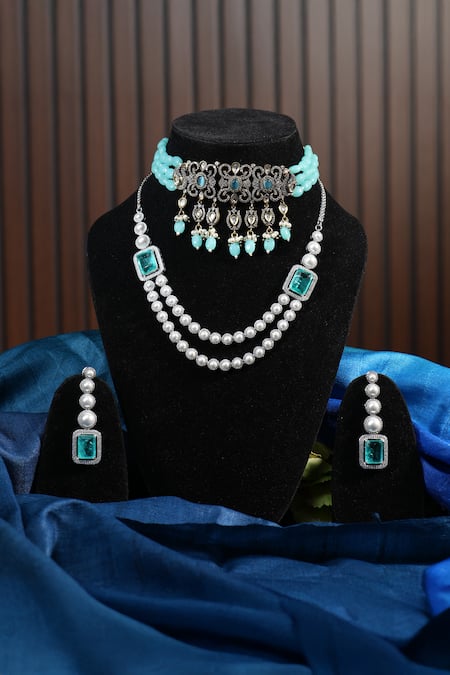 Amaara Jewels Zircon & Pearl Embellished Necklace Set 