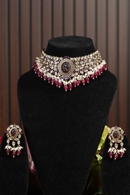 Amaara Jewels Red Polki Stone Embellished Choker Necklace Set 