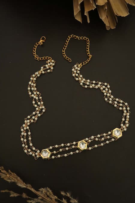 Shop_Do Taara_Gold Plated Kundan Pearl Head Band _at_Aza_Fashions