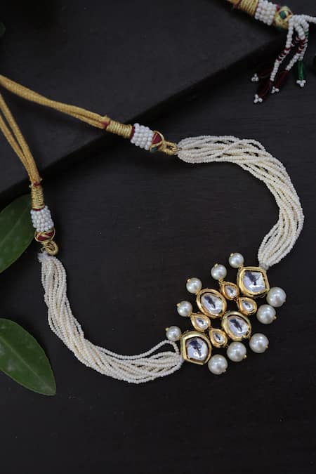 Shop Do Taara Gold Plated Kundan Pearl Multi-chain Choker at Aza Fashions Shop_Do Taara_Gold Plated Kundan Pearl Multi-chain Choker _at_Aza_Fashions