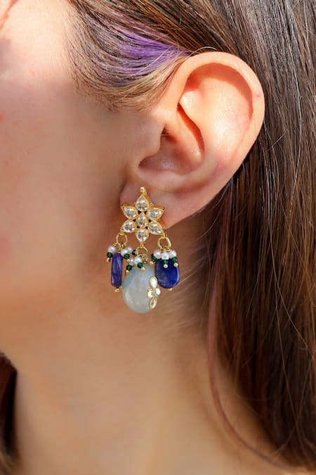 Do Taara_Blue Pearls, Stones Floral Kundan Earrings _Online_at_Aza_Fashions
