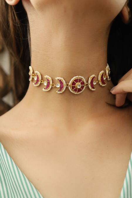 Do Taara_Red Stone Half Moon Choker _Online_at_Aza_Fashions