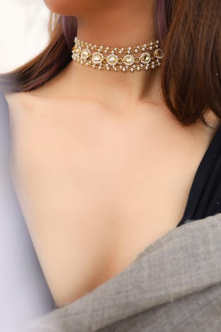 Do Taara_Gold Plated Kundan Drop Pearl Choker _Online_at_Aza_Fashions