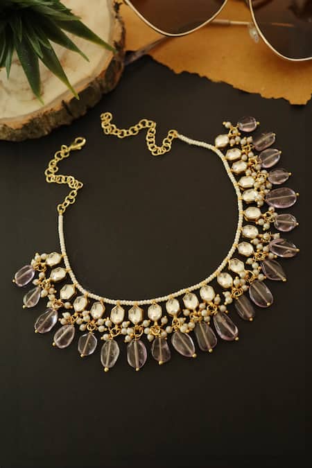 Do Taara_Purple Kundan Stone Tassel Choker _Online_at_Aza_Fashions