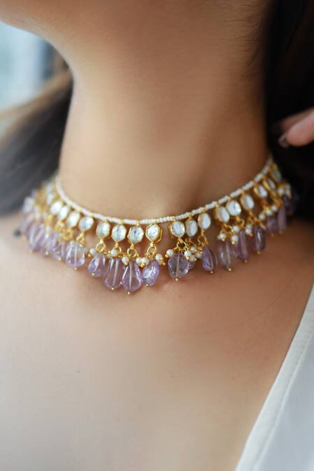 Buy_Do Taara_Purple Kundan Stone Tassel Choker _Online_at_Aza_Fashions