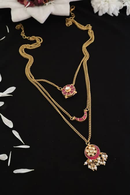 Buy Do Taara Red Kundan Crecent Layered Necklace Online at Aza Fashions Buy_Do Taara_Red Kundan Crecent Layered Necklace _Online_at_Aza_Fashions