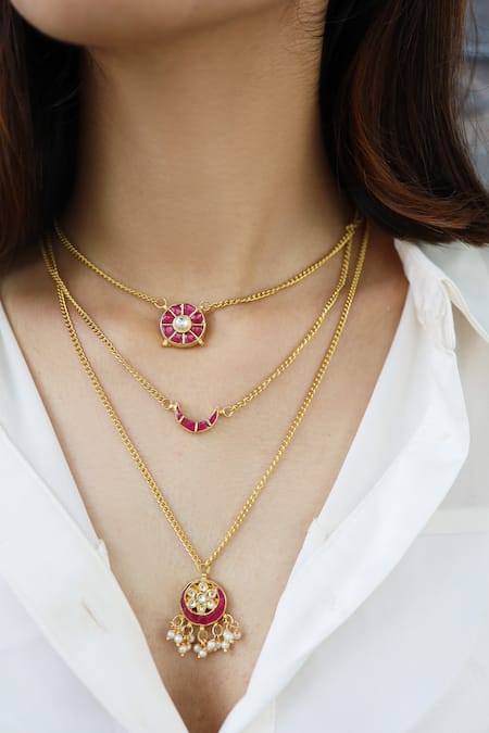 Shop Do Taara Red Kundan Crecent Layered Necklace Online at Aza Fashions Shop_Do Taara_Red Kundan Crecent Layered Necklace _Online_at_Aza_Fashions