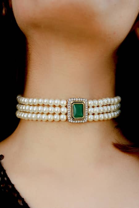 Do Taara_Green Stone Pearl Choker _Online_at_Aza_Fashions