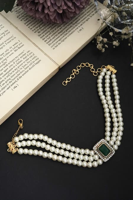 Buy_Do Taara_Green Stone Pearl Choker _Online_at_Aza_Fashions