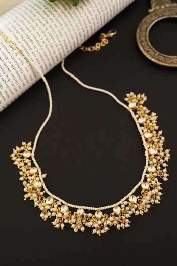Shop Do Taara Gold Plated Kundan Drop Tassel Necklace at Aza Fashions Shop_Do Taara_Gold Plated Kundan Drop Tassel Necklace _at_Aza_Fashions