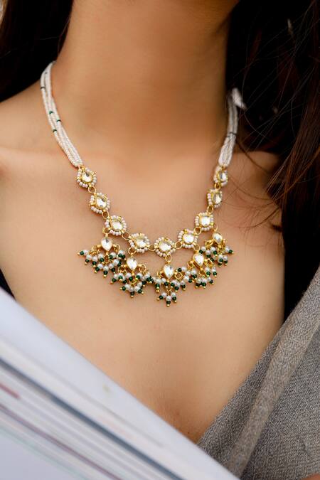 Do Taara_Green Kundan Pearl Tassel Necklace _Online_at_Aza_Fashions