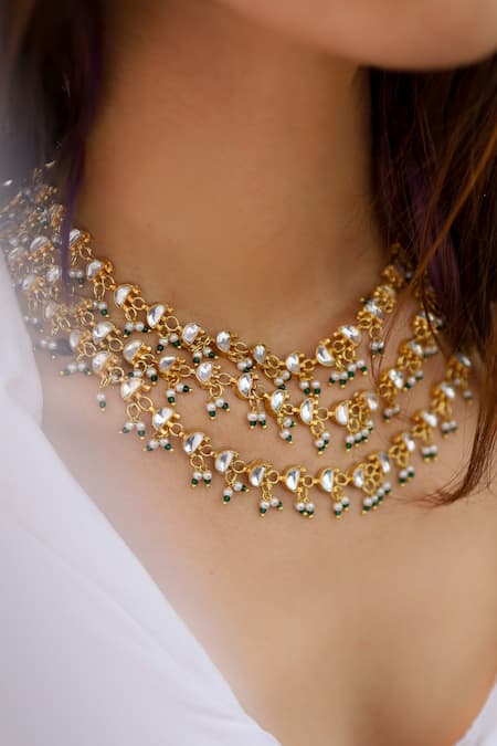 Do Taara Green Kundan Pearl Tassel Layered Necklace 