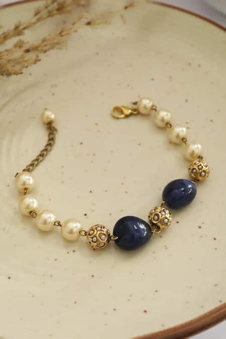 Shop Do Taara Blue Pearls, Stones And Embellished Bracelet at Aza Fashions Shop_Do Taara_Blue Pearls, Stones And Embellished Bracelet _at_Aza_Fashions