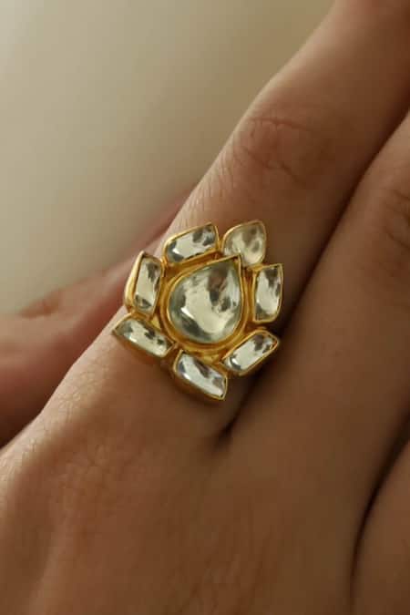 Do Taara_Gold Plated Crystals Floral Shaped Cutwork Ring _Online_at_Aza_Fashions