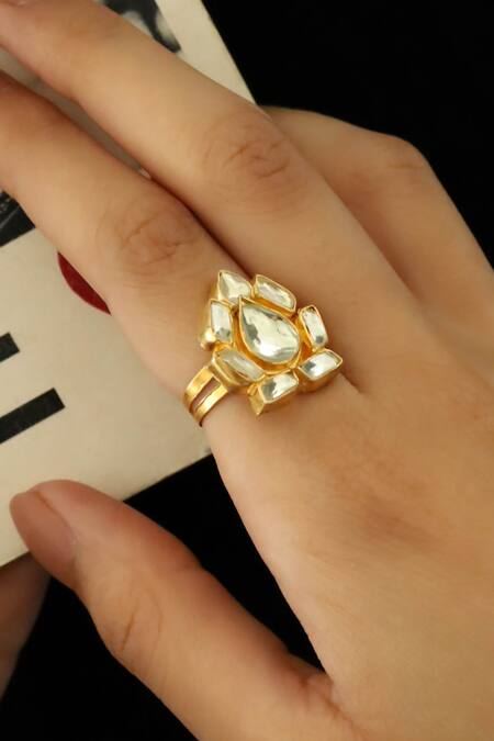 Buy_Do Taara_Gold Plated Crystals Floral Shaped Cutwork Ring _Online_at_Aza_Fashions