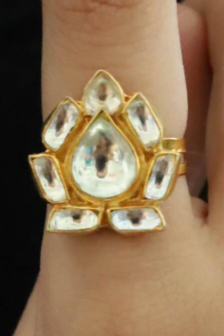 Shop_Do Taara_Gold Plated Crystals Floral Shaped Cutwork Ring _Online_at_Aza_Fashions