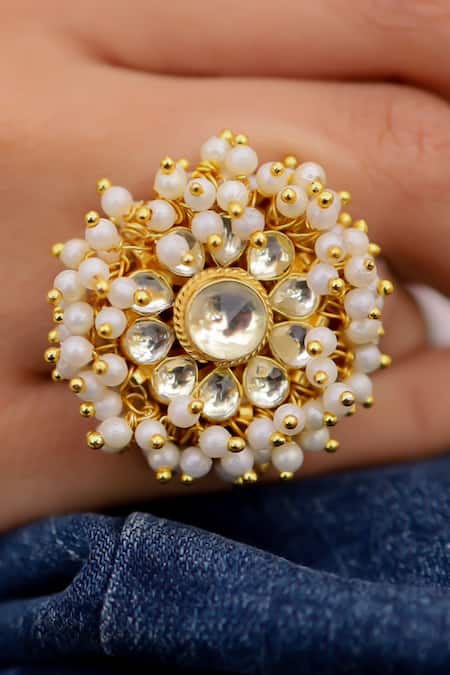 Do Taara Gold Plated Pearls, Diamonds Kundan And Embellished Ring Online at Aza Fashions Do Taara_Gold Plated Pearls, Diamonds Kundan And Embellished Ring _Online_at_Aza_Fashions