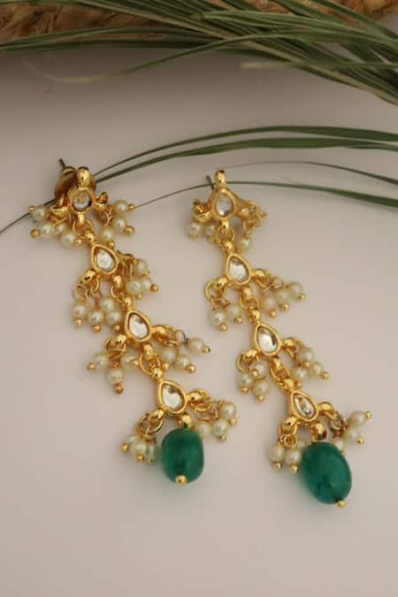 Shop Do Taara Green Pearls, Stones Clover Bloom Kundan Embellished Danglers at Aza Fashions Shop_Do Taara_Green Pearls, Stones Clover Bloom Kundan Embellished Danglers _at_Aza_Fashions