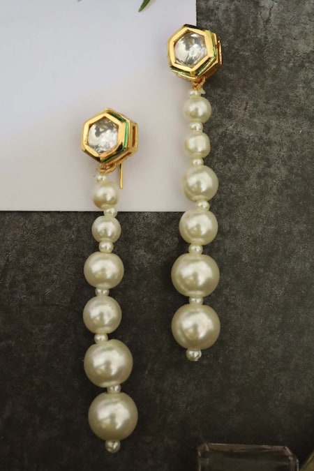 Shop Do Taara White Pearls Kundan Stud Drop Danglers at Aza Fashions Shop_Do Taara_White Pearls Kundan Stud Drop Danglers _at_Aza_Fashions
