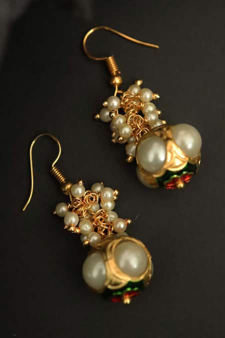 Shop Do Taara Gold Plated Pearls, Metallic Thread Glory Ball Embellished Drop Earrings at Aza Fashions Shop_Do Taara_Gold Plated Pearls, Metallic Thread Glory Ball Embellished Drop Earrings _at_Aza_Fashions