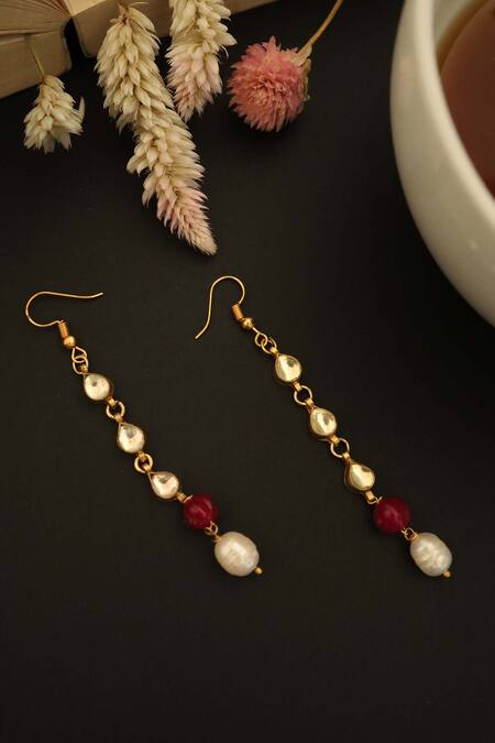 Shop Do Taara Red Pearls Teardrop Kundan Embellished Danglers at Aza Fashions Shop_Do Taara_Red Pearls Teardrop Kundan Embellished Danglers _at_Aza_Fashions