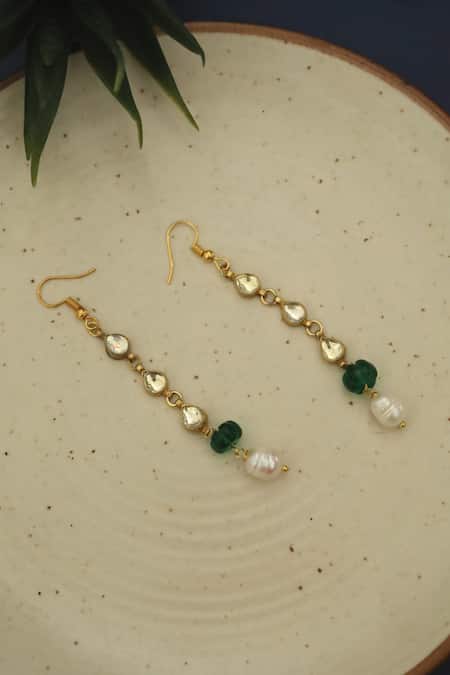 Shop Do Taara Green Pearls Teardrop Vine Kundan Embellished Danglers at Aza Fashions Shop_Do Taara_Green Pearls Teardrop Vine Kundan Embellished Danglers _at_Aza_Fashions