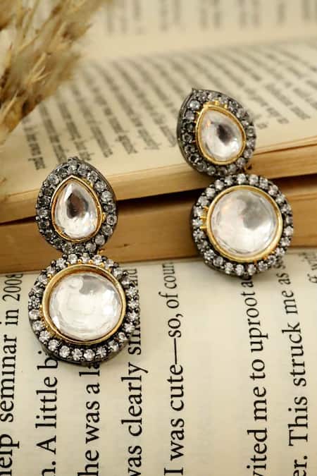 Shop_Do Taara_Silver Plated Crystals, Polki And Cubic Zirconia Embellished Drop Earrings _at_Aza_Fashions