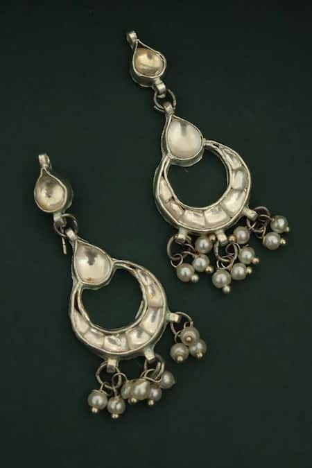 Shop Do Taara Silver Plated Pearls, Gota Patti Chand Noor Kundan Embellished Chandbalis at Aza Fashions Shop_Do Taara_Silver Plated Pearls, Gota Patti Chand Noor Kundan Embellished Chandbalis _at_Aza_Fashions