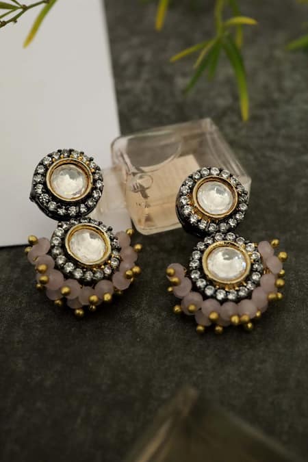 Shop Do Taara Pink Crystals, Diamonds, Stones Polki And Onyx Embellished Dewdrop Earrings at Aza Fashions Shop_Do Taara_Pink Crystals, Diamonds, Stones Polki And Onyx Embellished Dewdrop Earrings _at_Aza_Fashions