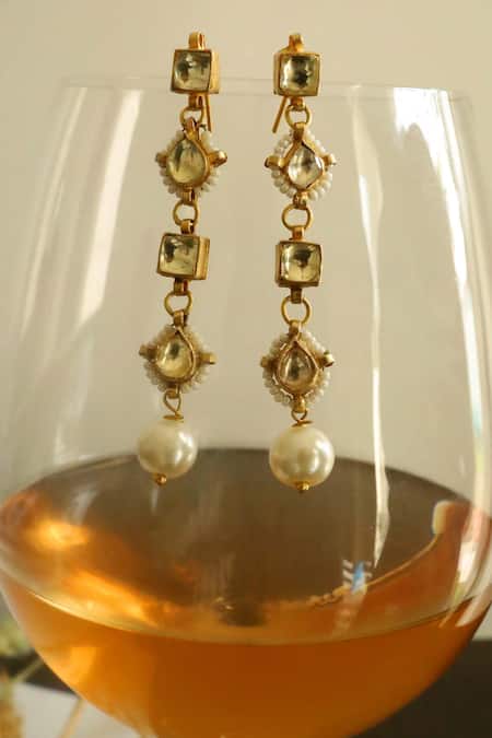 Shop Do Taara Gold Plated Pearls Kundan And Embellished Vine Danglers at Aza Fashions Shop_Do Taara_Gold Plated Pearls Kundan And Embellished Vine Danglers _at_Aza_Fashions
