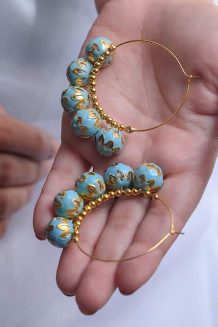 Shop Do Taara Blue Metallic Thread, Stones Meenakari Ball Embellished Hoops at Aza Fashions Shop_Do Taara_Blue Metallic Thread, Stones Meenakari Ball Embellished Hoops_at_Aza_Fashions
