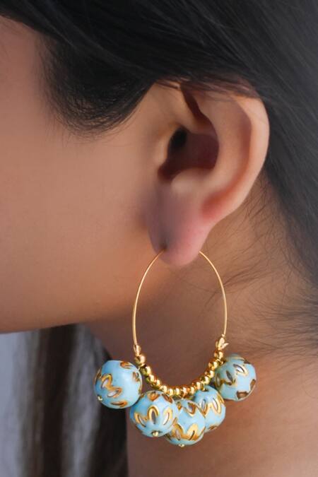 Do Taara Blue Metallic Thread, Stones Meenakari Ball Embellished Hoops Online at Aza Fashions Do Taara_Blue Metallic Thread, Stones Meenakari Ball Embellished Hoops_Online_at_Aza_Fashions