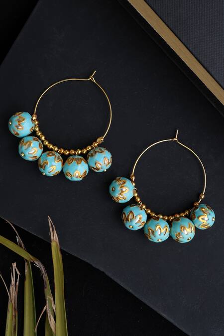 Buy Do Taara Blue Metallic Thread, Stones Meenakari Ball Embellished Hoops Online at Aza Fashions Buy_Do Taara_Blue Metallic Thread, Stones Meenakari Ball Embellished Hoops_Online_at_Aza_Fashions