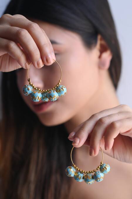 Shop Do Taara Blue Metallic Thread, Stones Meenakari Ball Embellished Hoops Online at Aza Fashions Shop_Do Taara_Blue Metallic Thread, Stones Meenakari Ball Embellished Hoops_Online_at_Aza_Fashions