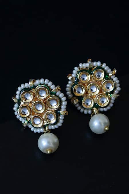 Shop Do Taara Gold Plated Pearls, Gota Patti Kundan And Shell Embellished Floral Earrings at Aza Fashions Shop_Do Taara_Gold Plated Pearls, Gota Patti Kundan And Shell Embellished Floral Earrings _at_Aza_Fashions