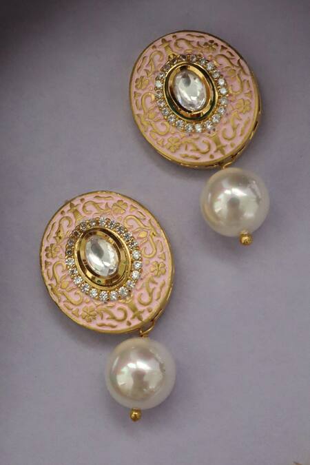 Do Taara_Pink Metallic Thread, Pearls, Stones Meenakari Embellished Bloom Drop Earrings _Online_at_Aza_Fashions