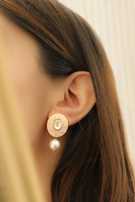 Buy_Do Taara_Pink Metallic Thread, Pearls, Stones Meenakari Embellished Bloom Drop Earrings _Online_at_Aza_Fashions