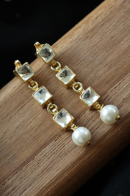 Shop Do Taara Gold Plated Pearls, Gota Patti Ditsy Quad Embellished Drop Earrings at Aza Fashions Shop_Do Taara_Gold Plated Pearls, Gota Patti Ditsy Quad Embellished Drop Earrings _at_Aza_Fashions